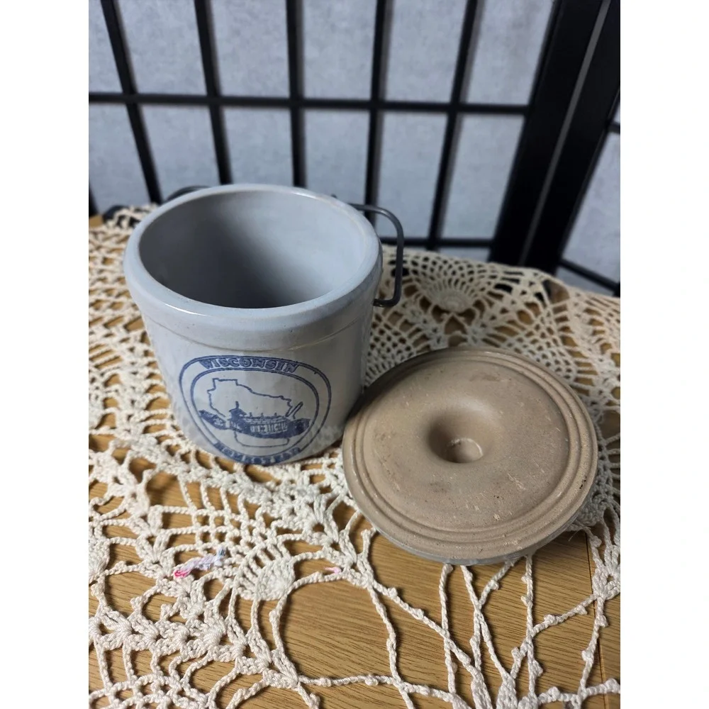 Vintage Wisconsin Homestead Stoneware Crock with Lid and Wire Bail Handle